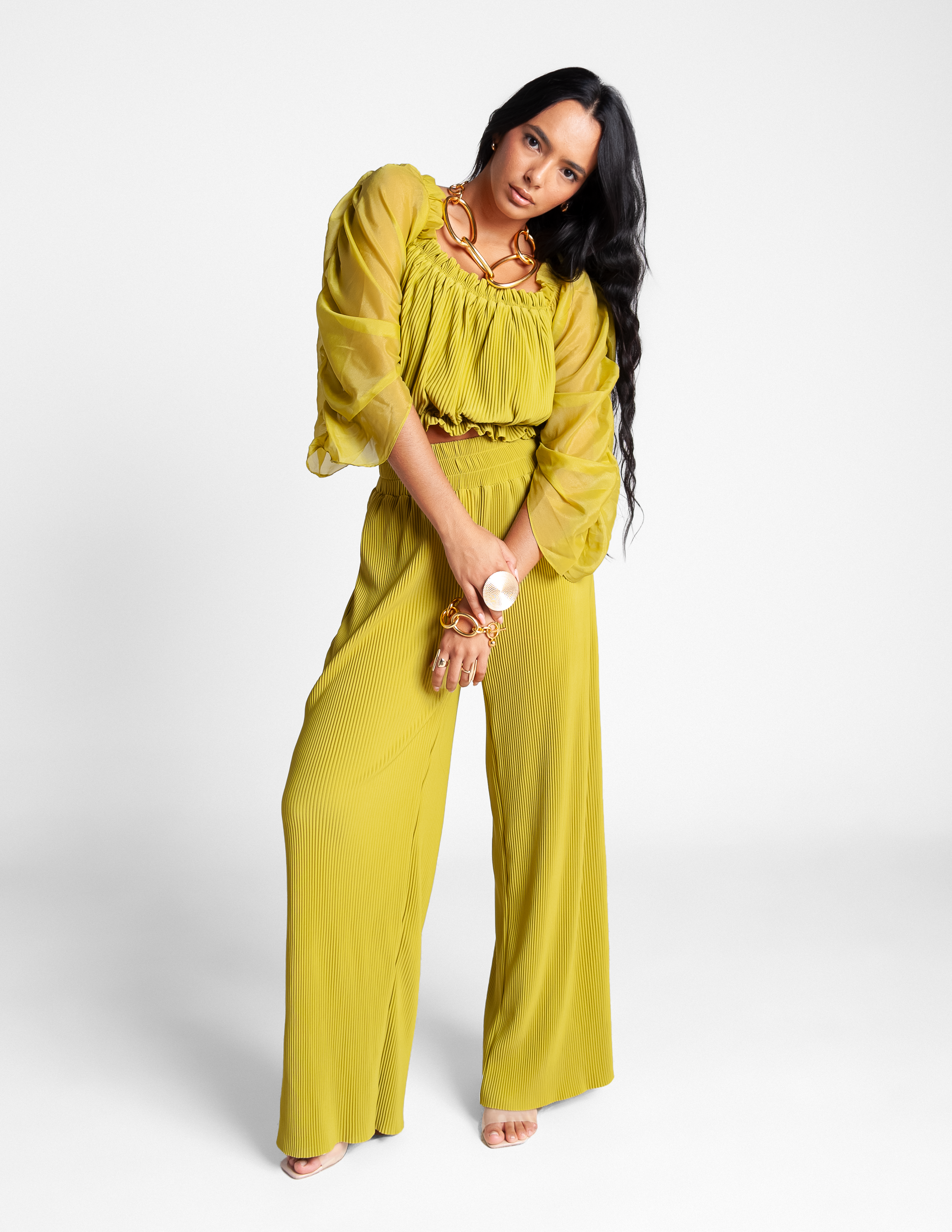 High Waisted Pleated Pants - Citron Green