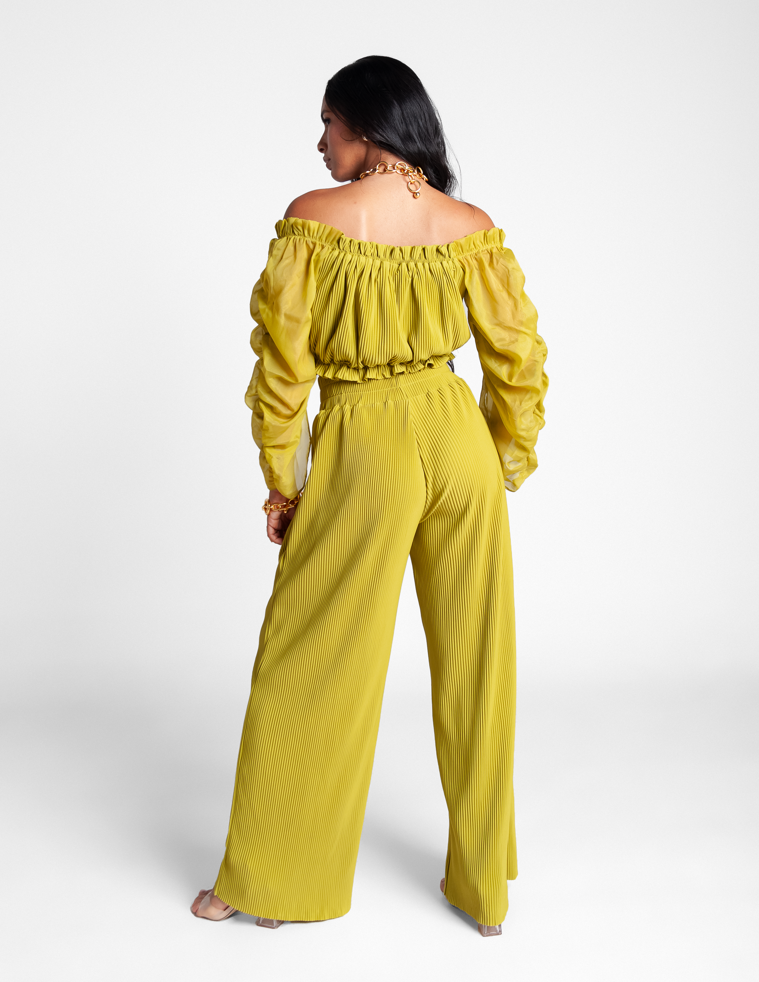 Off Shoulder Pleated Top - Citron Green