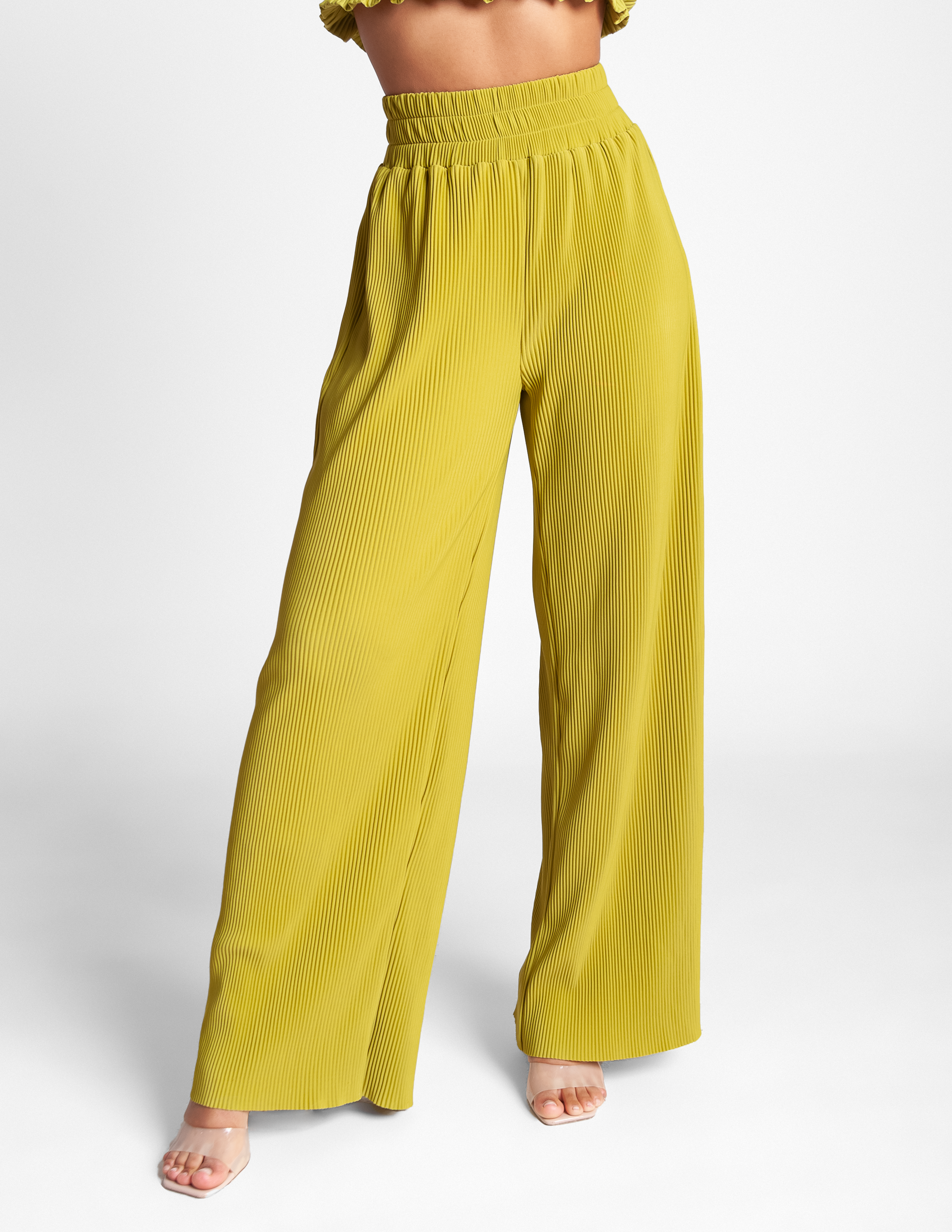 High Waisted Pleated Pants - Citron Green
