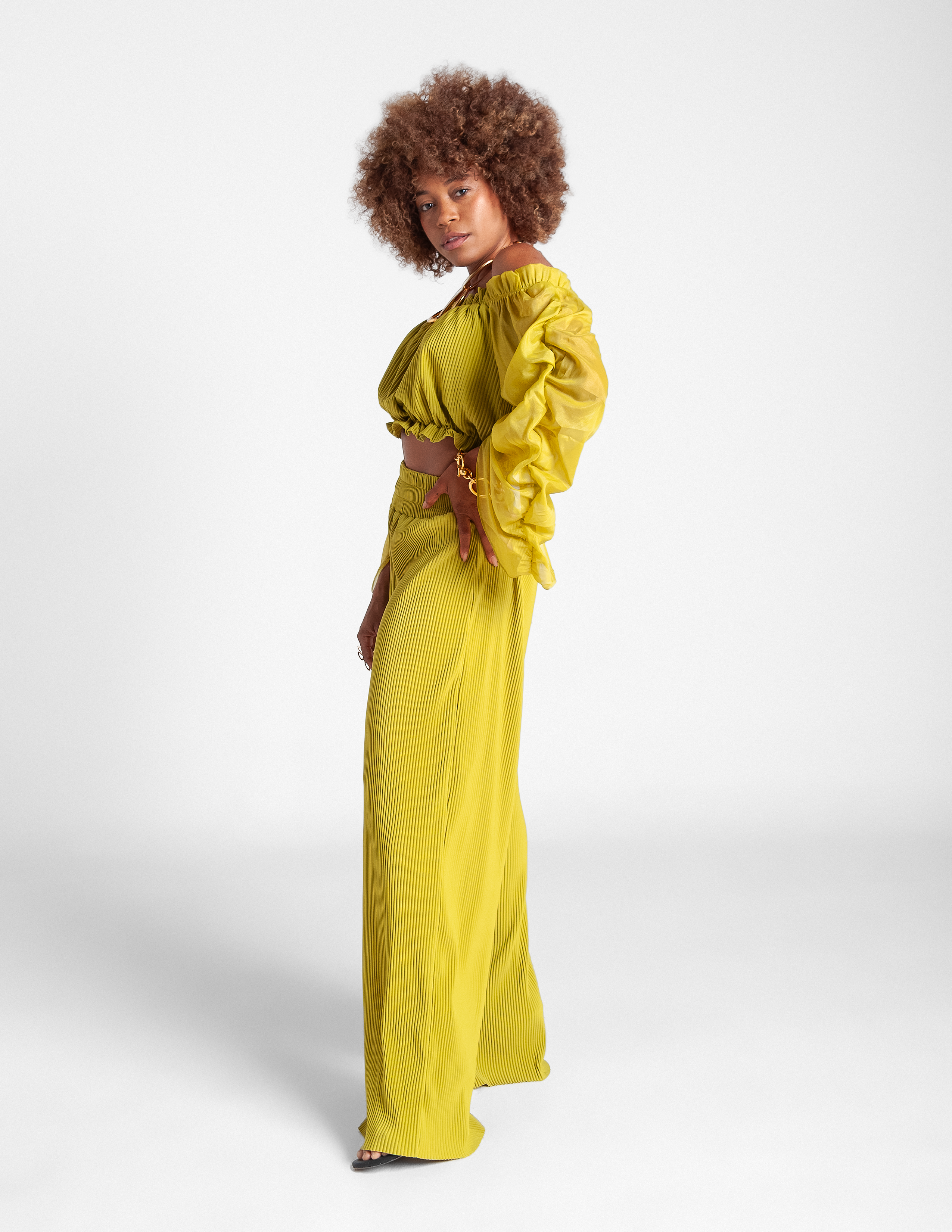 Off Shoulder Pleated Top - Citron Green