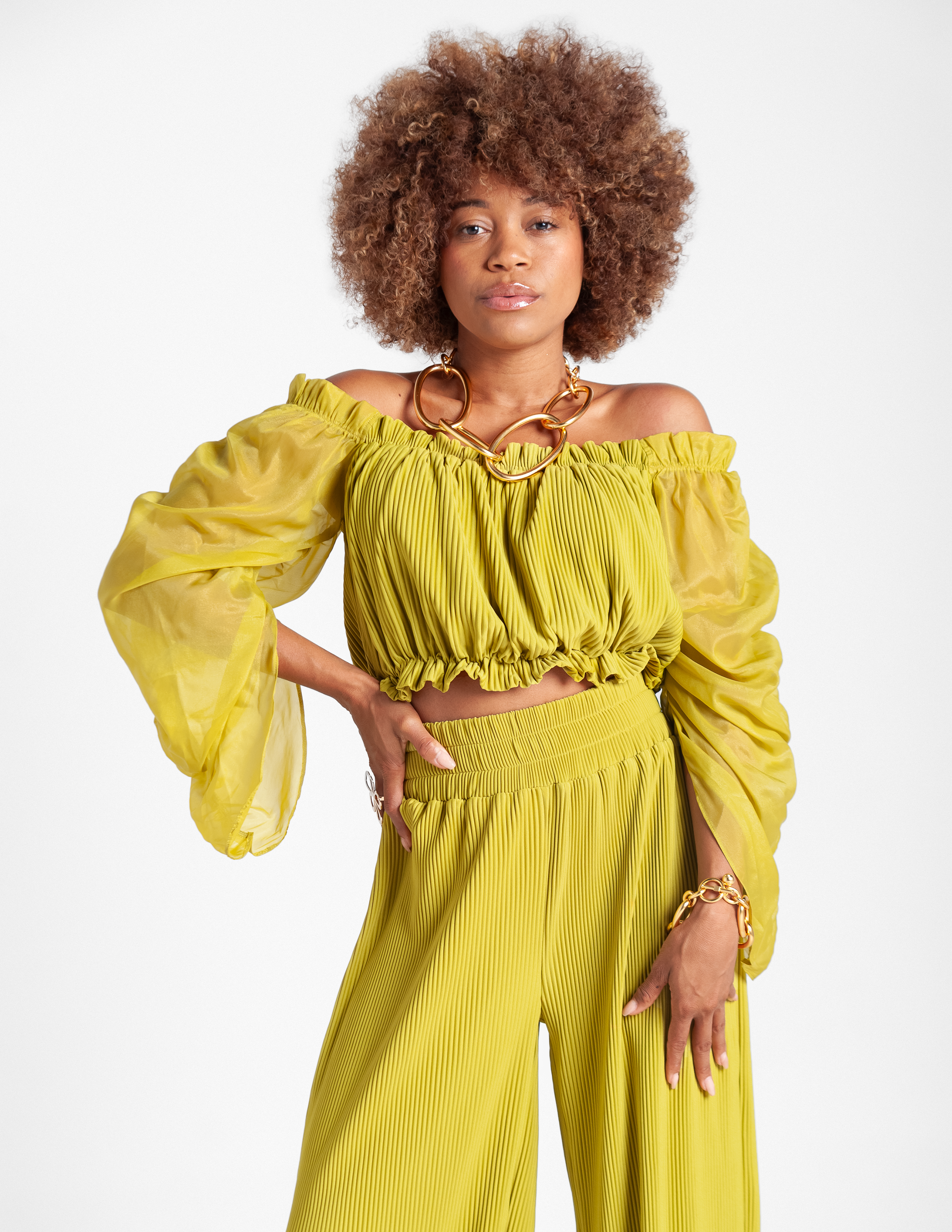Off Shoulder Pleated Top - Citron Green