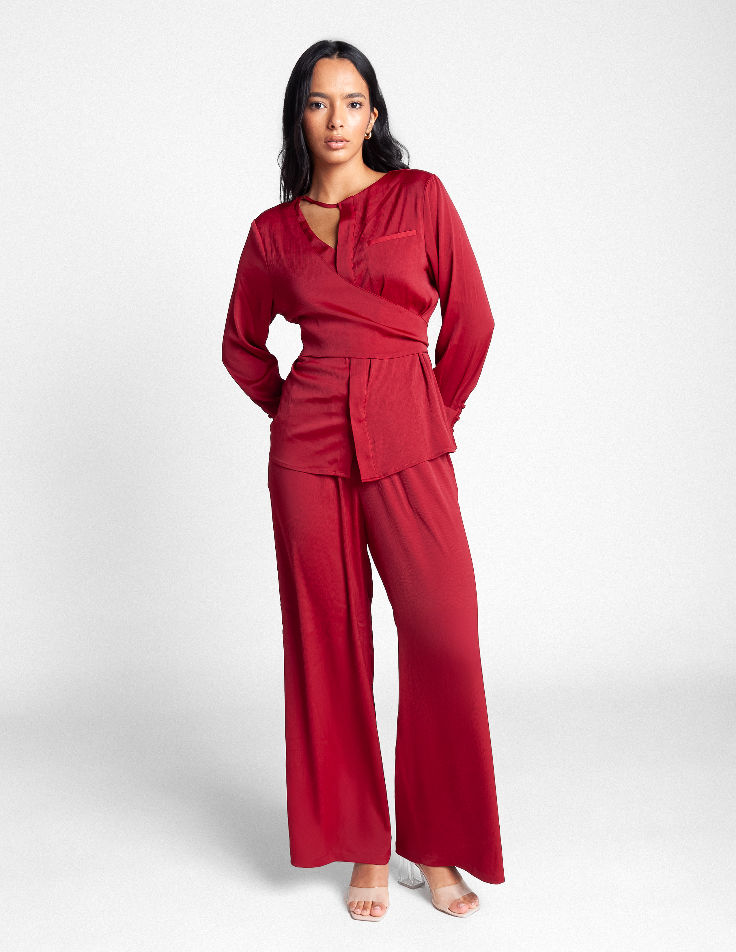 High Waisted Wide Leg Pants - Crimson Rouge