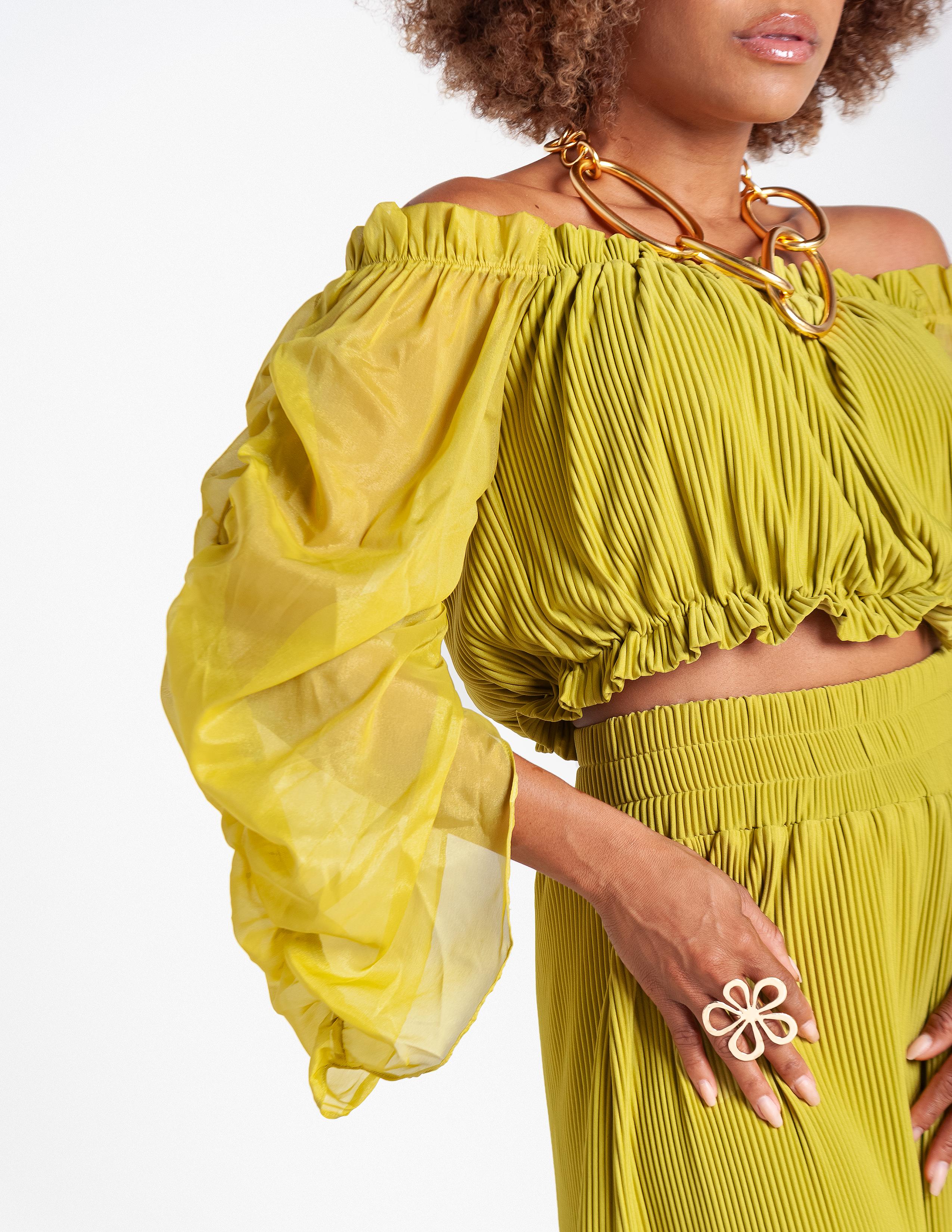 Off Shoulder Pleated Top - Citron Green