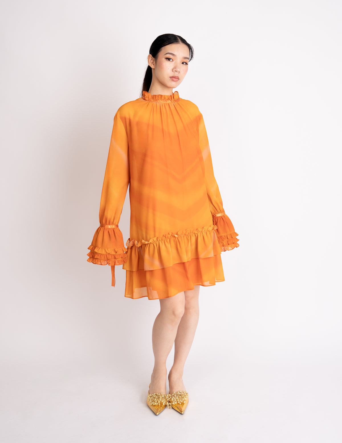 Ruffle Neck Tiered Mini Dress - Sunset Ember Print | RICHANTEE